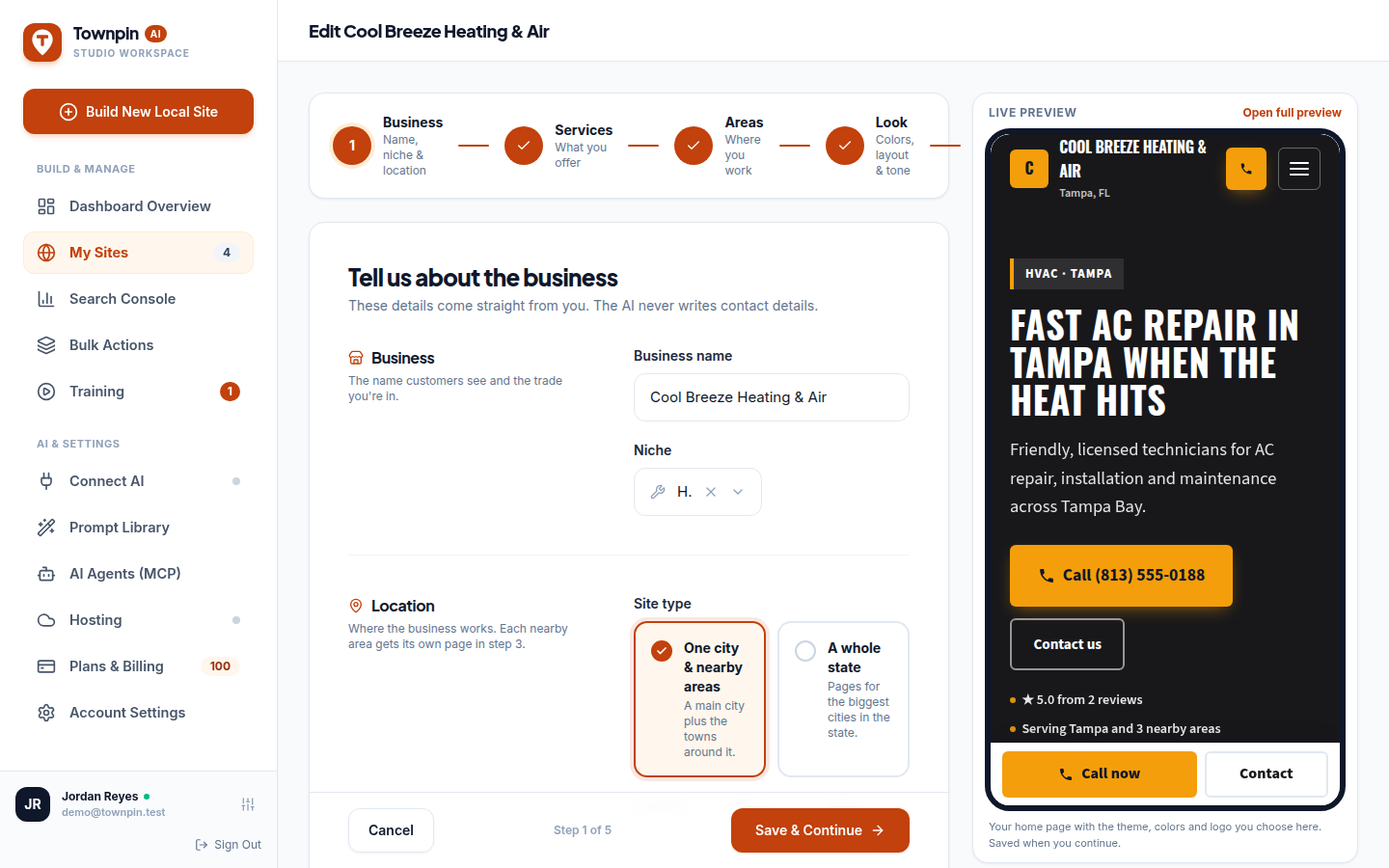 The business step of the Townpin AI site wizard