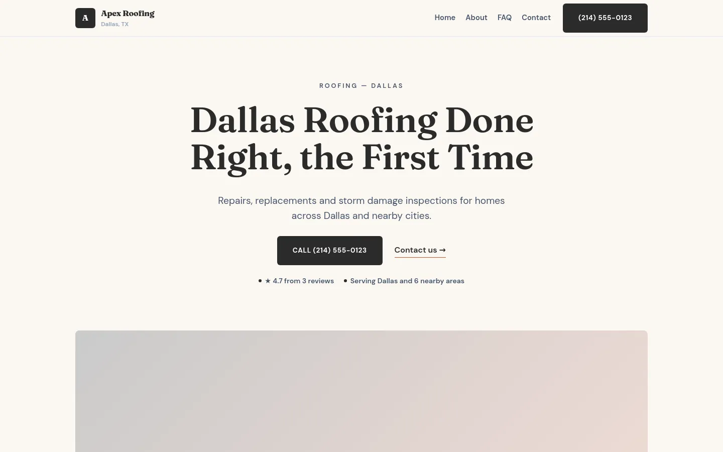 The demo roofing site in the Atelier theme