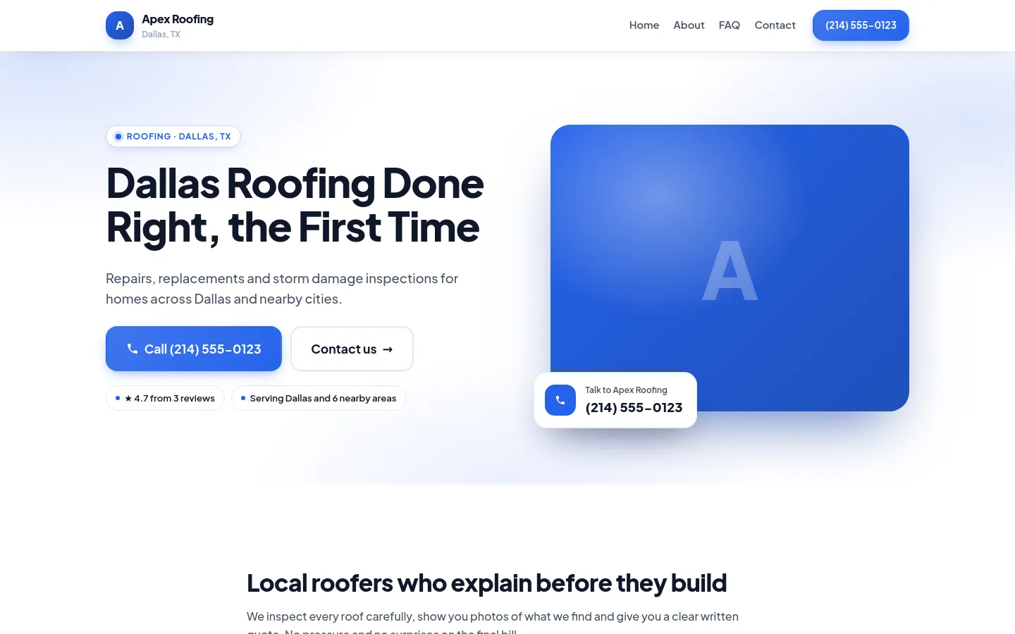 The demo roofing site in the Cobalt Modern theme