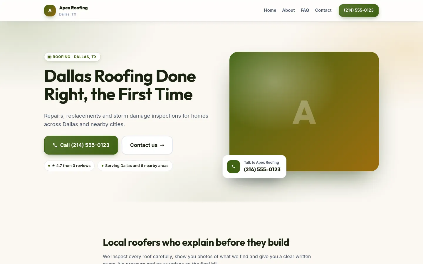The demo roofing site in the Evergreen theme