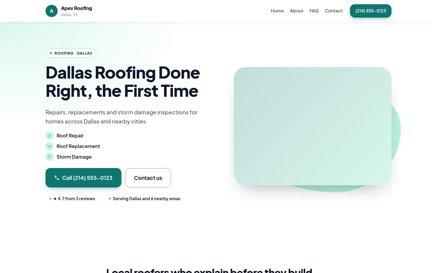 The demo roofing site in the Fresh Start theme