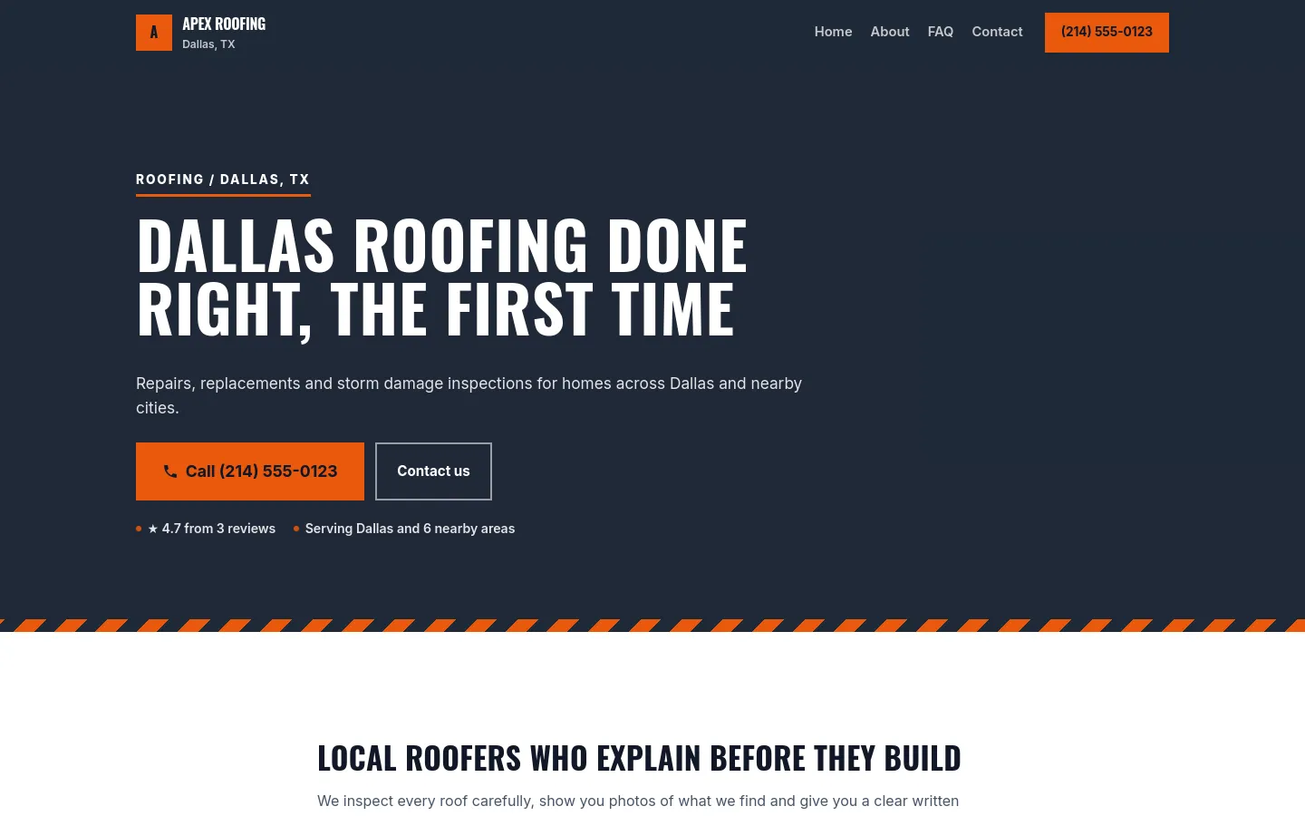 The demo roofing site in the Ironclad theme