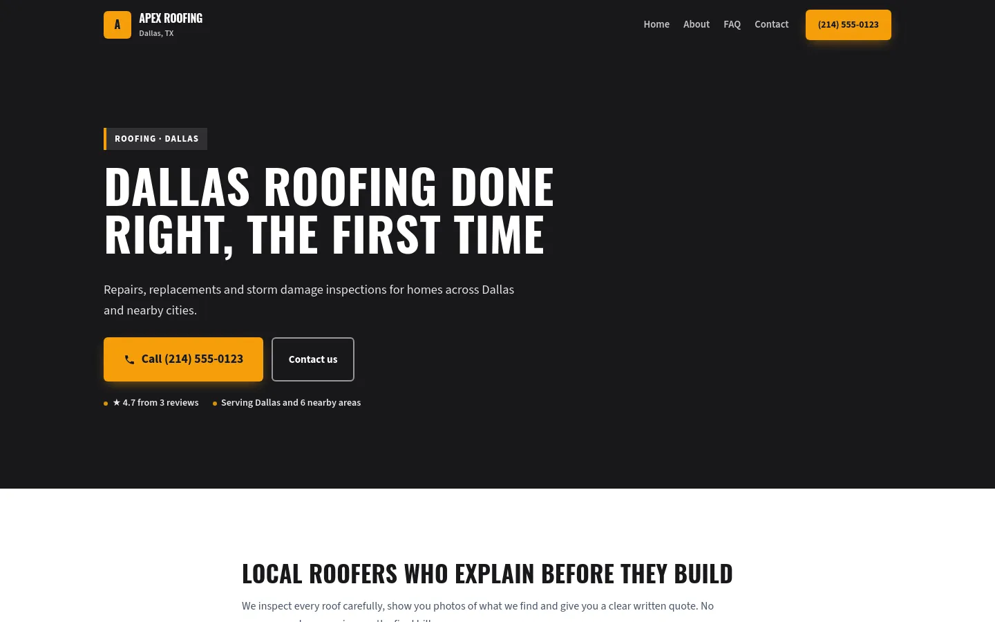 The demo roofing site in the Nightshift theme