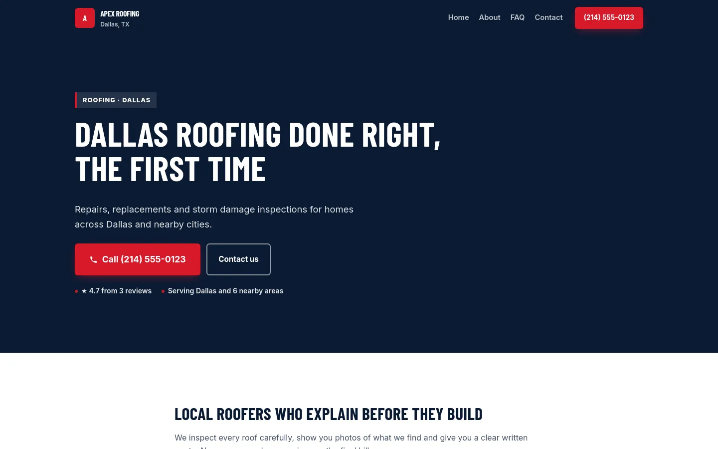 The demo roofing site in the Rapid Response theme