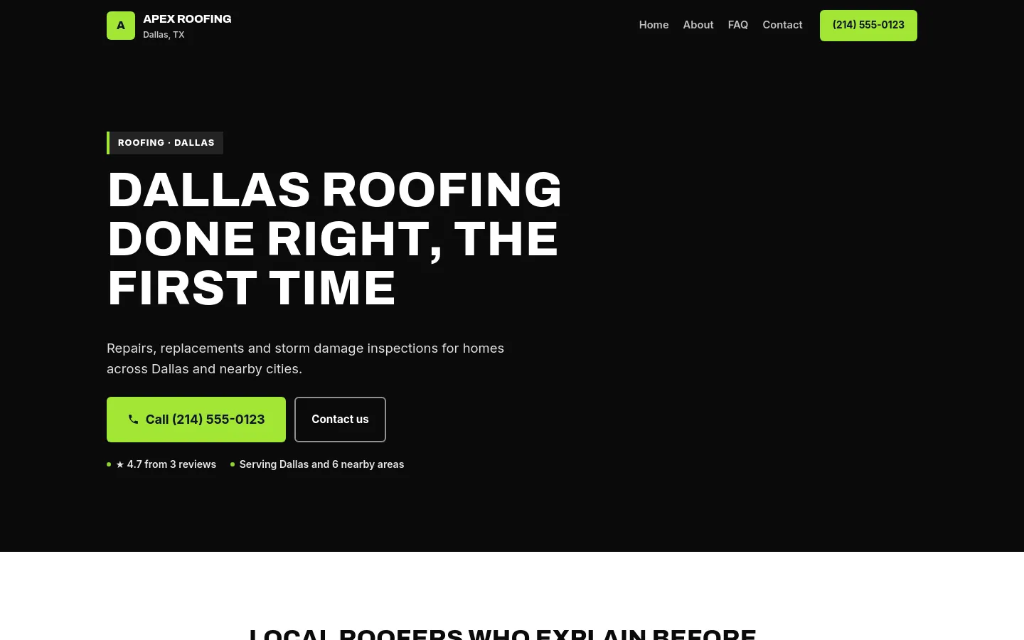 The demo roofing site in the Voltage theme